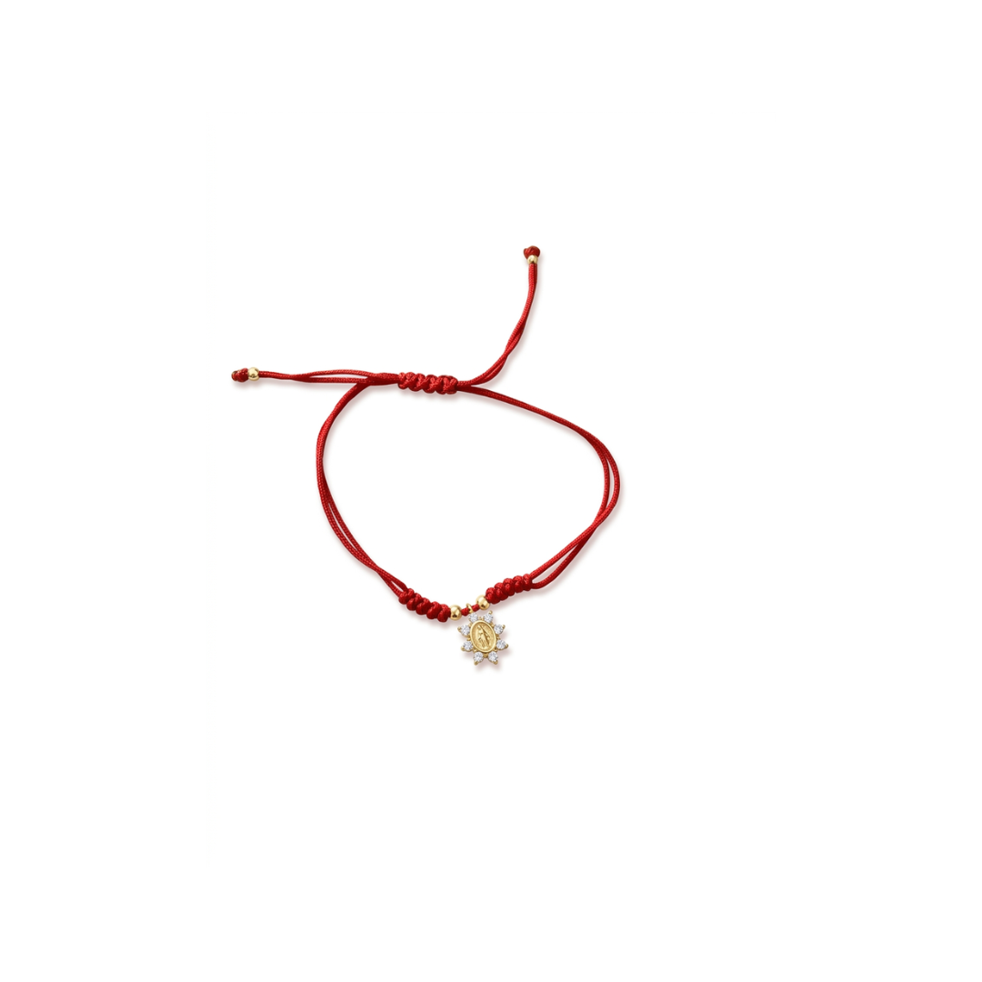 14K solid yellow gold adjustable red string bracelet with clear cubic zirconia Miraculous Virgin charm on white background