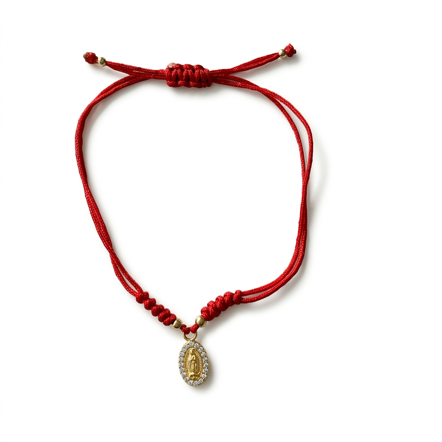 14K solid yellow gold adjustable red string bracelet with clear cubic zirconia Our Lady of Guadalupe charm on white background