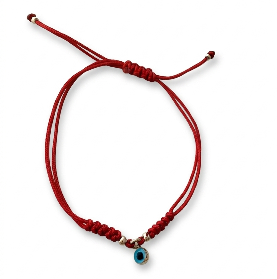14K solid yellow gold adjustable red string bracelet with 4 mm evil eye charm on white background