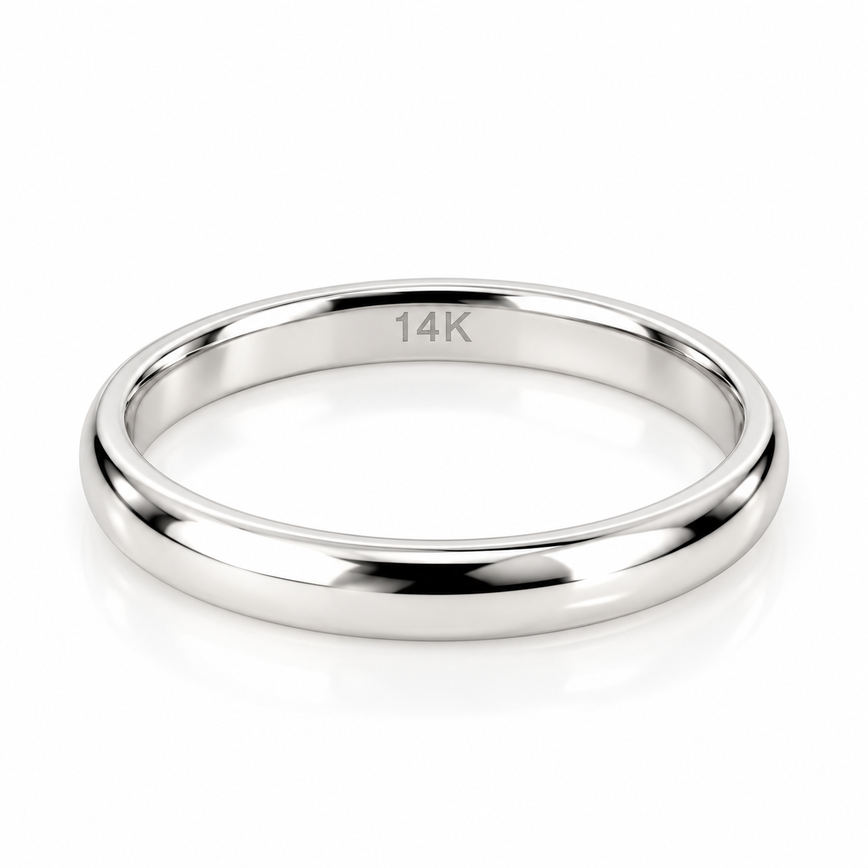 14K solid gold classic comfort fit wedding band featuring a polished domed exterior and smooth flat interior, available in yellow and white gold.