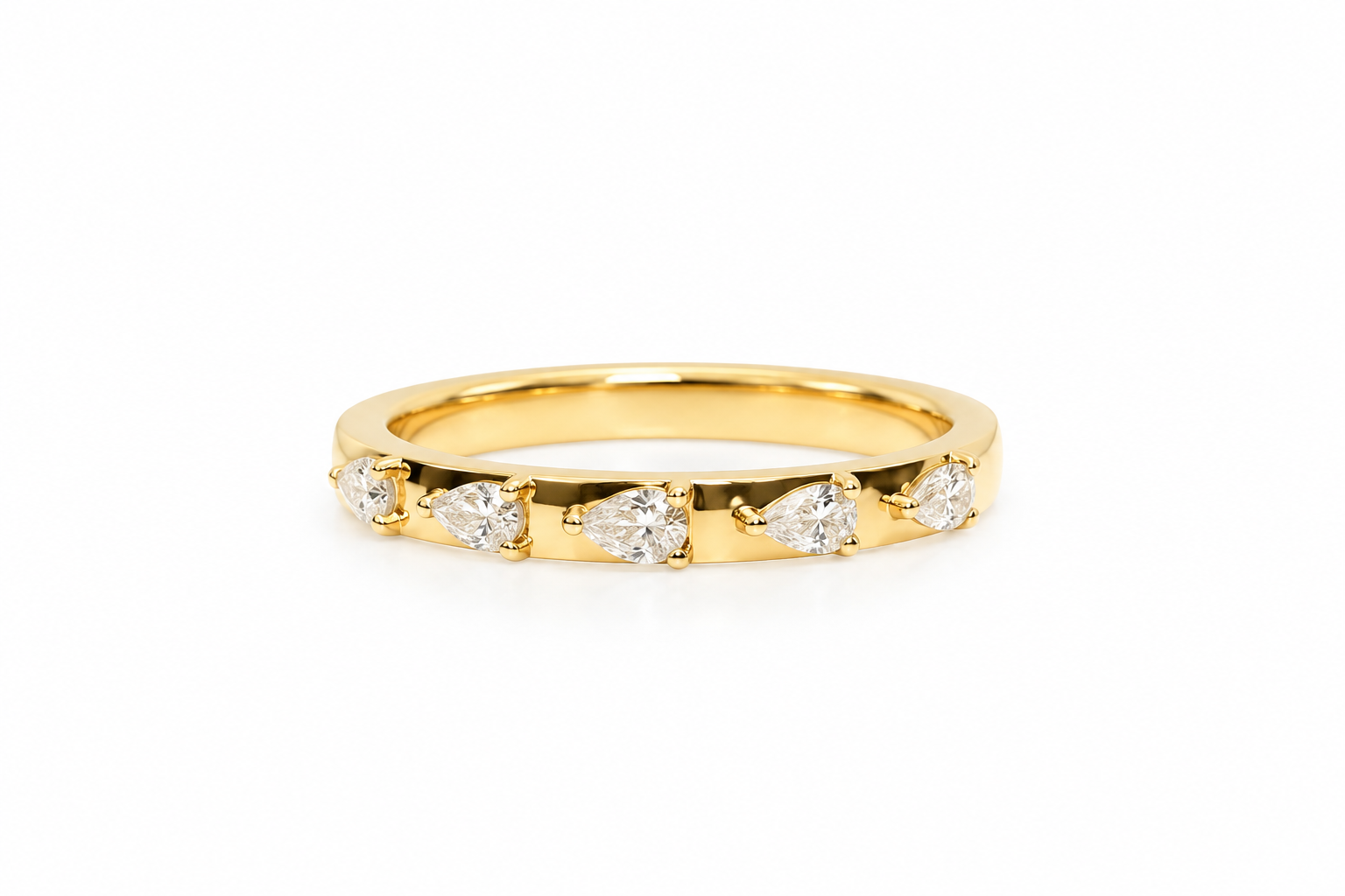14K Solid Yellow Gold Natural Diamond 5-Pear Shaped Band Ring