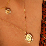 14K Solid Yellow Gold Italian Miraculous Medal with Diamonds & Pearls