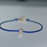 14K Solid Yellow Gold Diamond Bezel Leather Cord Bracelet