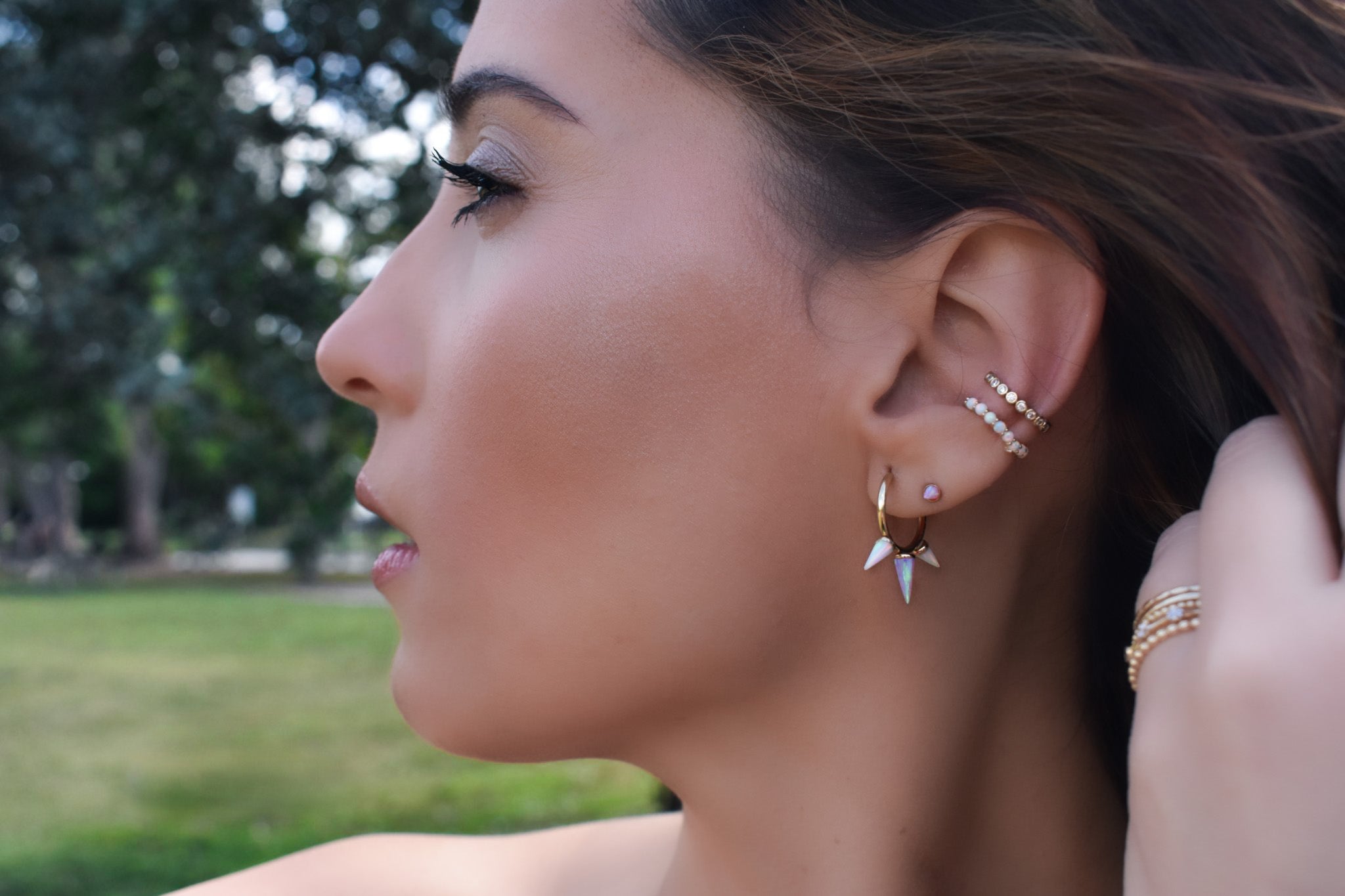 14K Solid Yellow Gold Opals Ear Cuff