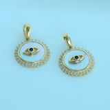 14K Solid Gold Mother of Pearl Evil Eye Pendant with Cubic Zirconia