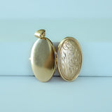 14K Solid Yellow Gold Vintage Floral-Engraved Oval Photo Locket