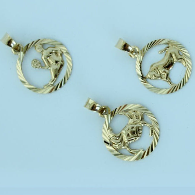 14K solid yellow gold zodiac sign pendant with diamond-cut round border, approximately 0.58 grams.