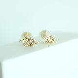 14K Solid Yellow Gold Open Evil Eye Cubic Zirconia Stud Earrings