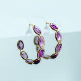 18K Solid Yellow Gold Amethyst Hoops Earrings