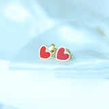 14K Solid Yellow Gold Red Enamel Heart Earrings