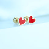 14K Solid Yellow Gold Red Enamel Heart Earrings