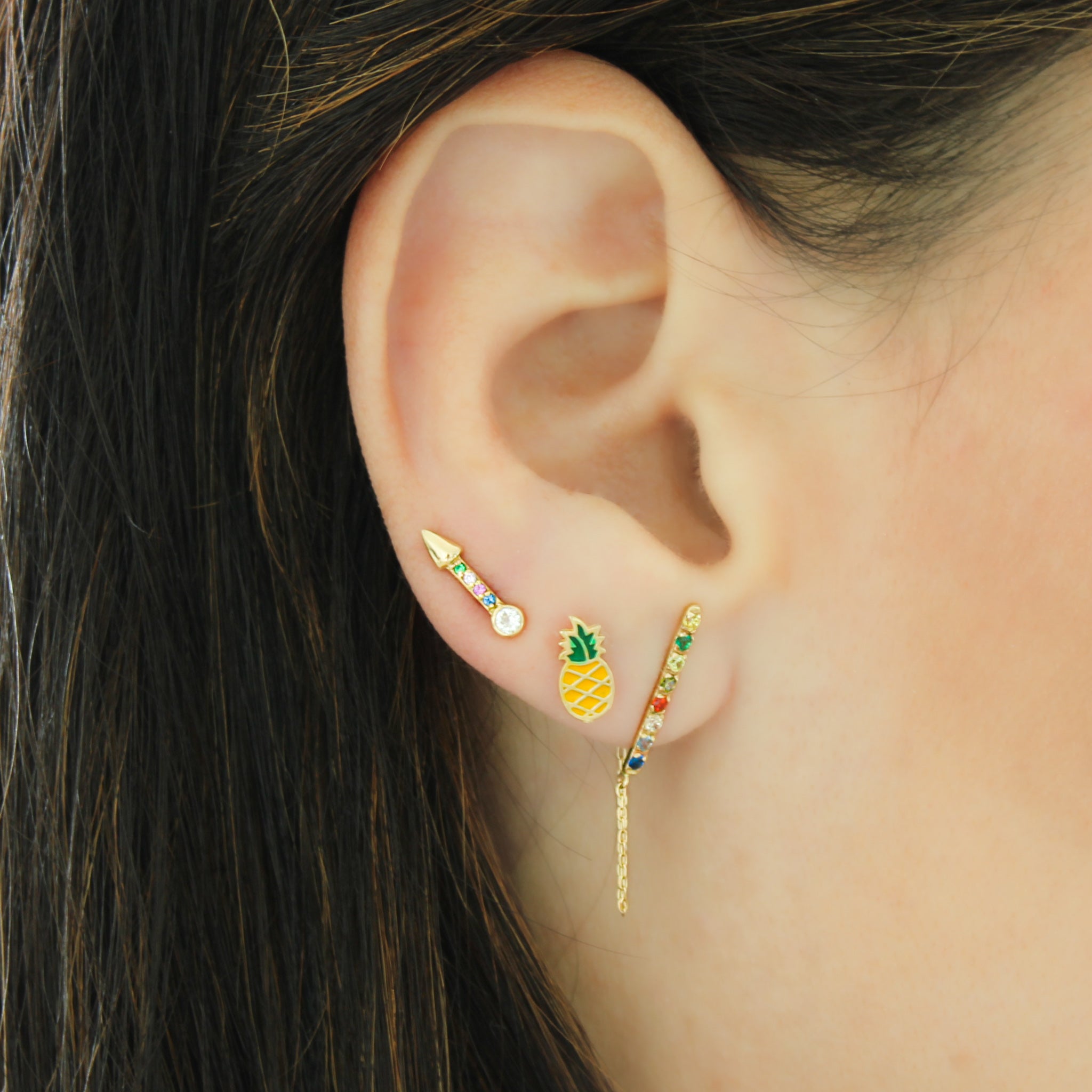 14K Solid Yellow Gold Cubic Zirconia Chain Bar Stud Earring