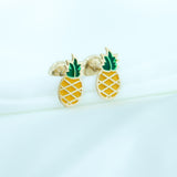 14K Solid Yellow Gold Enamel Pineapple Earrings