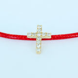 14K Solid Yellow Gold Pave Diamond  Cross Leather Cord Bracelet