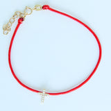 14K Solid Yellow Gold Pave Diamond  Cross Leather Cord Bracelet