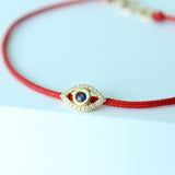 14K Solid Yellow Gold Diamond and Sapphire  Evil Eye Leather Cord Bracelet