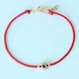 14K Solid Yellow Gold Diamond and Sapphire  Evil Eye Leather Cord Bracelet