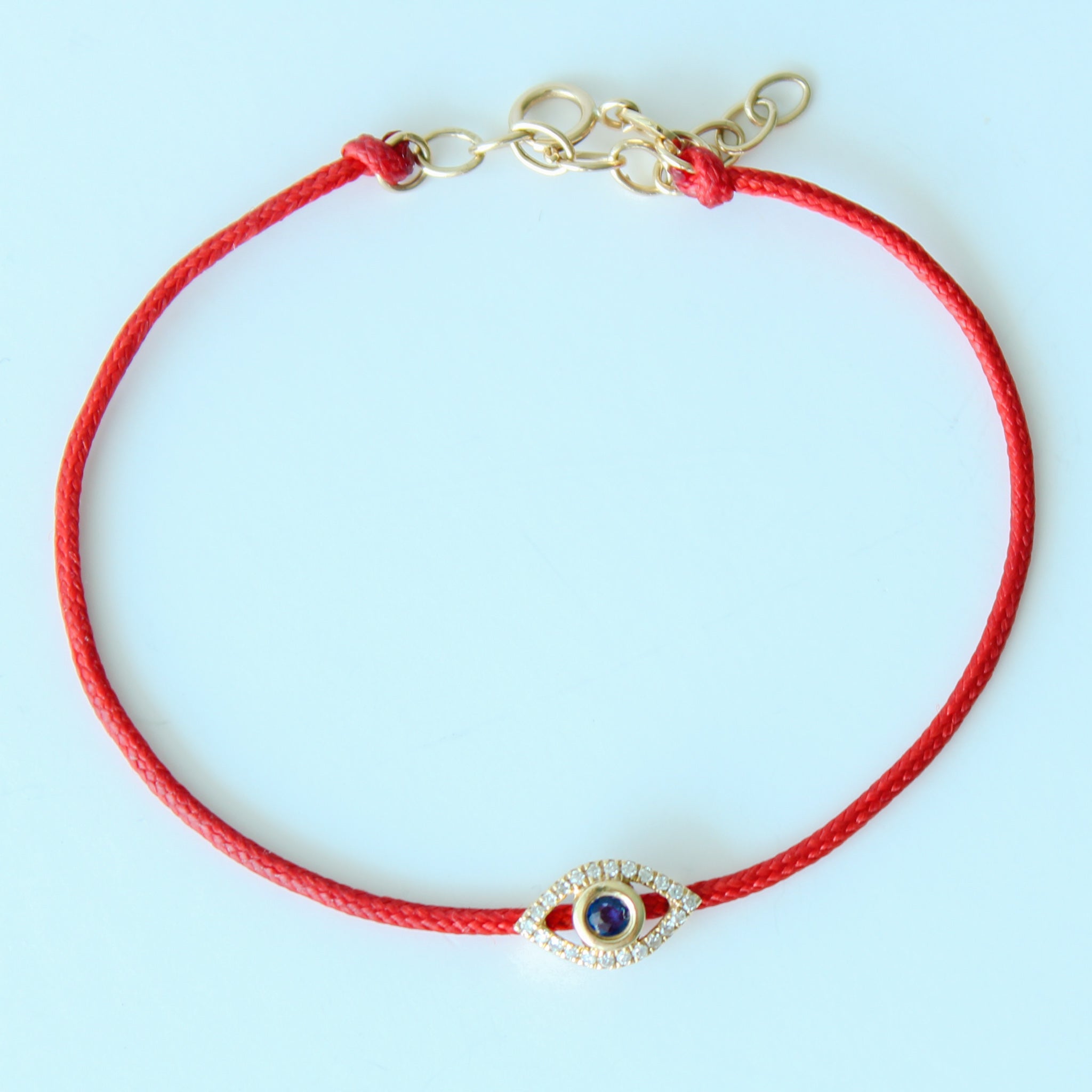 14K Solid Yellow Gold Diamond and Sapphire  Evil Eye Leather Cord Bracelet