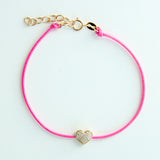 14K Solid Yellow Gold Diamond Heart Leather Cord Bracelet
