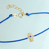 14K Solid Yellow Gold Diamond & Sapphire Hamsa Hand Leather Cord Bracelet