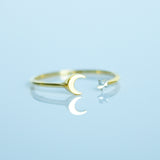 14K Solid Yellow Gold Moon & Star Cuff Ring