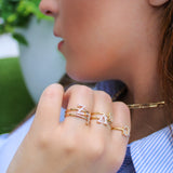 14K Solid Yellow Gold CZ Initial Ring