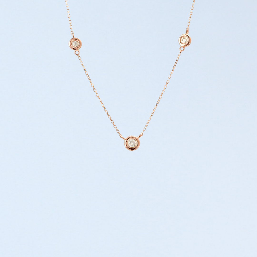 14K Solid Gold Three Bezel Set Diamond Necklace