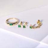 14K Solid Yellow Gold Emerald Princess Cut Stud Earrings