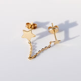 14K Solid Yellow Gold Stars 1” Chain Connected Earring