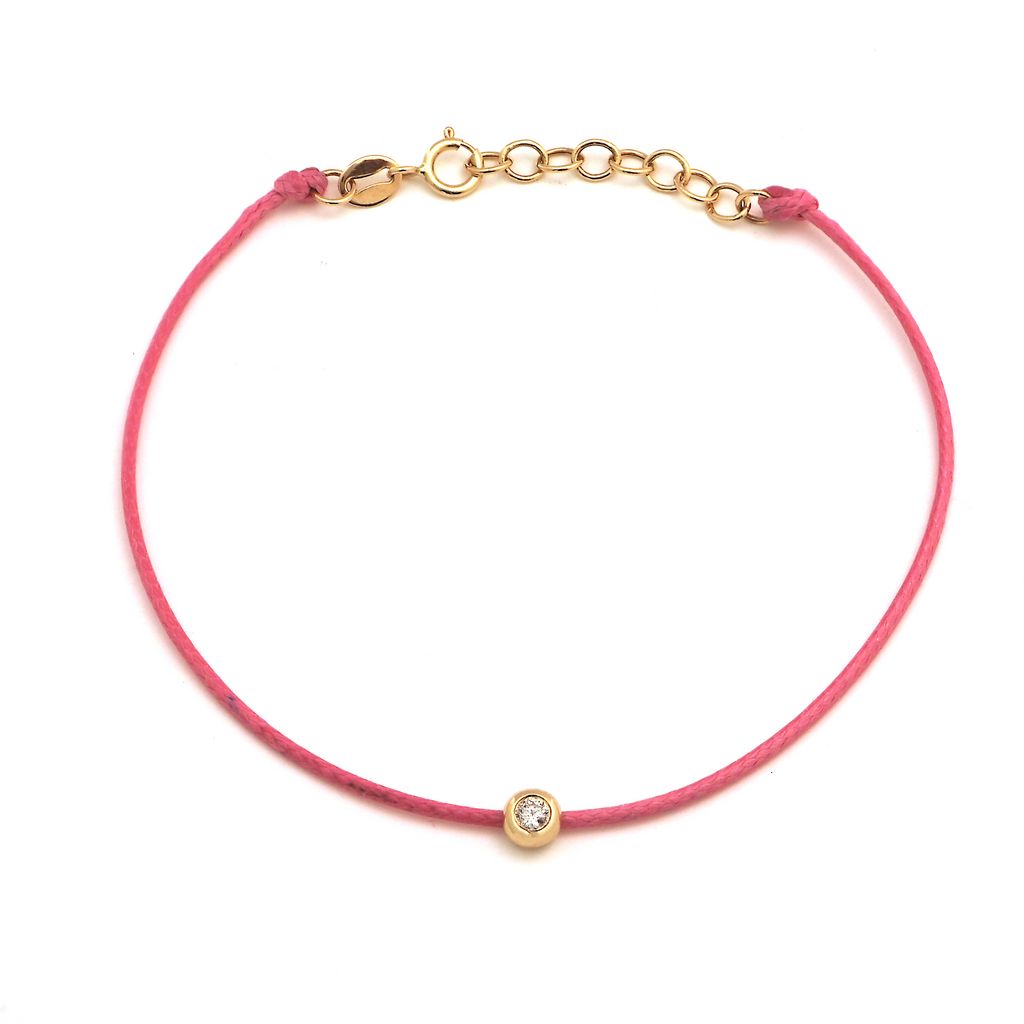 14K Solid Yellow Gold Diamond Bezel Leather Cord Bracelet