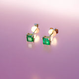 14K Solid Yellow Gold Emerald Princess Cut Stud Earrings