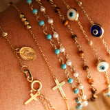 14K Solid Yellow Gold Royal Blue Evil Eye Bracelet