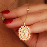14K Solid Yellow Gold Italian Miraculous Medal with Pearls