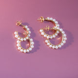 14K Solid Yellow Gold Pearls Open Hoops Earrings