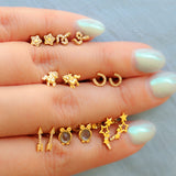 14K Solid Yellow Gold CZ Mini Star Earrings