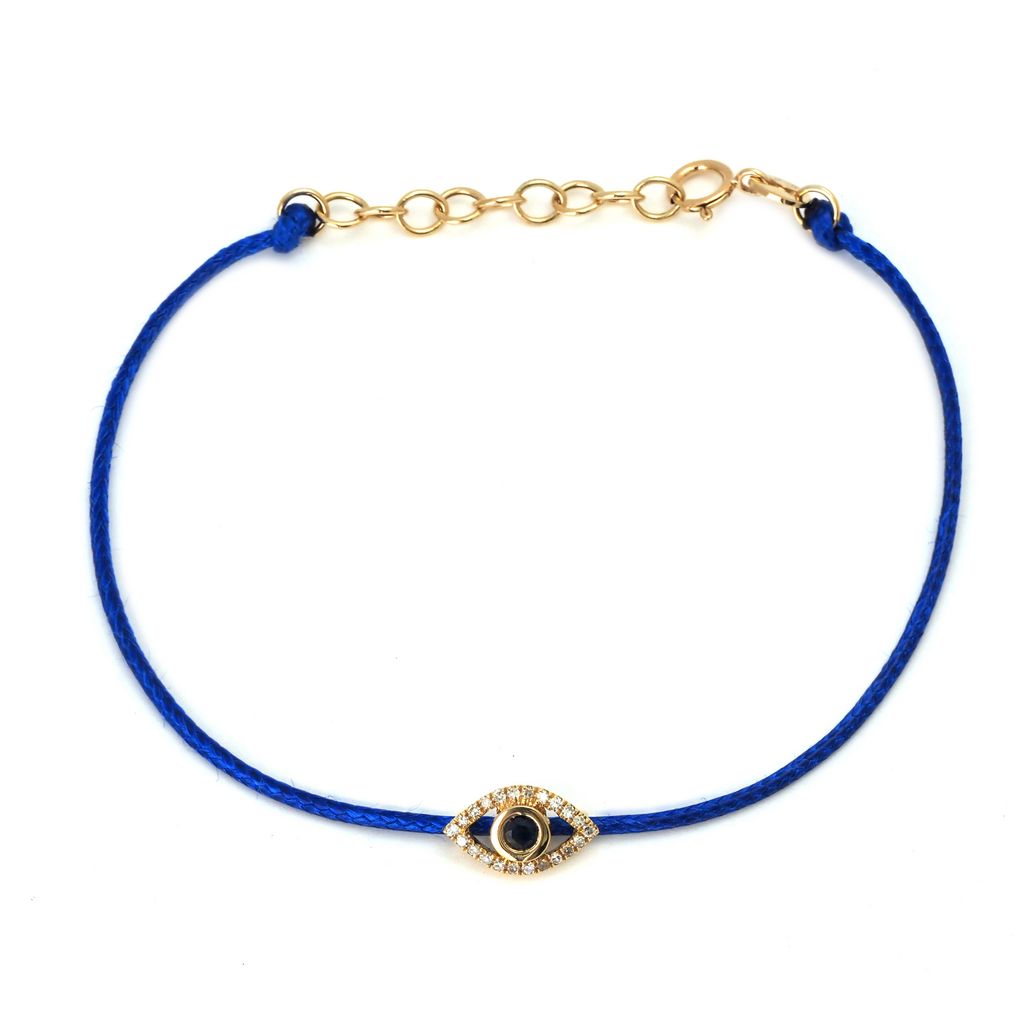 14K Solid Yellow Gold Diamond and Sapphire  Evil Eye Leather Cord Bracelet
