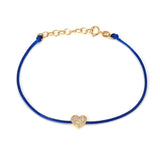 14K Solid Yellow Gold Diamond Heart Leather Cord Bracelet