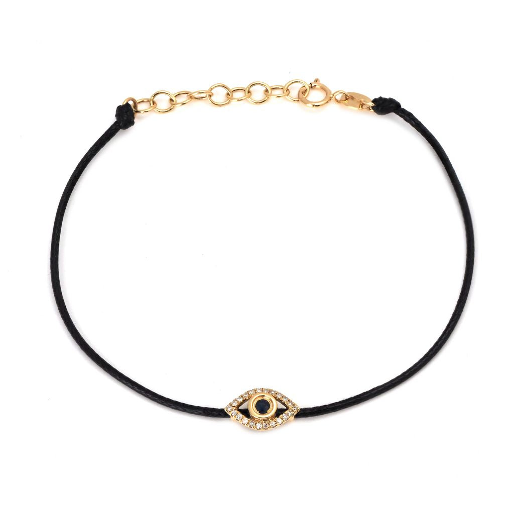 14K Solid Yellow Gold Diamond and Sapphire  Evil Eye Leather Cord Bracelet