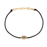 14K Solid Yellow Gold Diamond and Sapphire  Evil Eye Leather Cord Bracelet