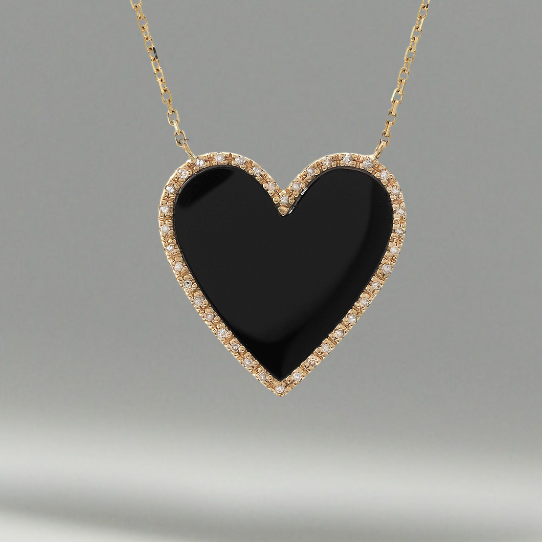 14K Solid Gold Genuine Stone Heart Necklace with Diamonds