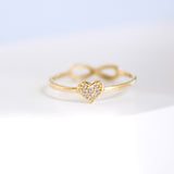 14K Solid Yellow Gold CZ Heart & Infinity Symbol Ring
