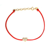 14K Solid Yellow Gold Diamond Heart Leather Cord Bracelet