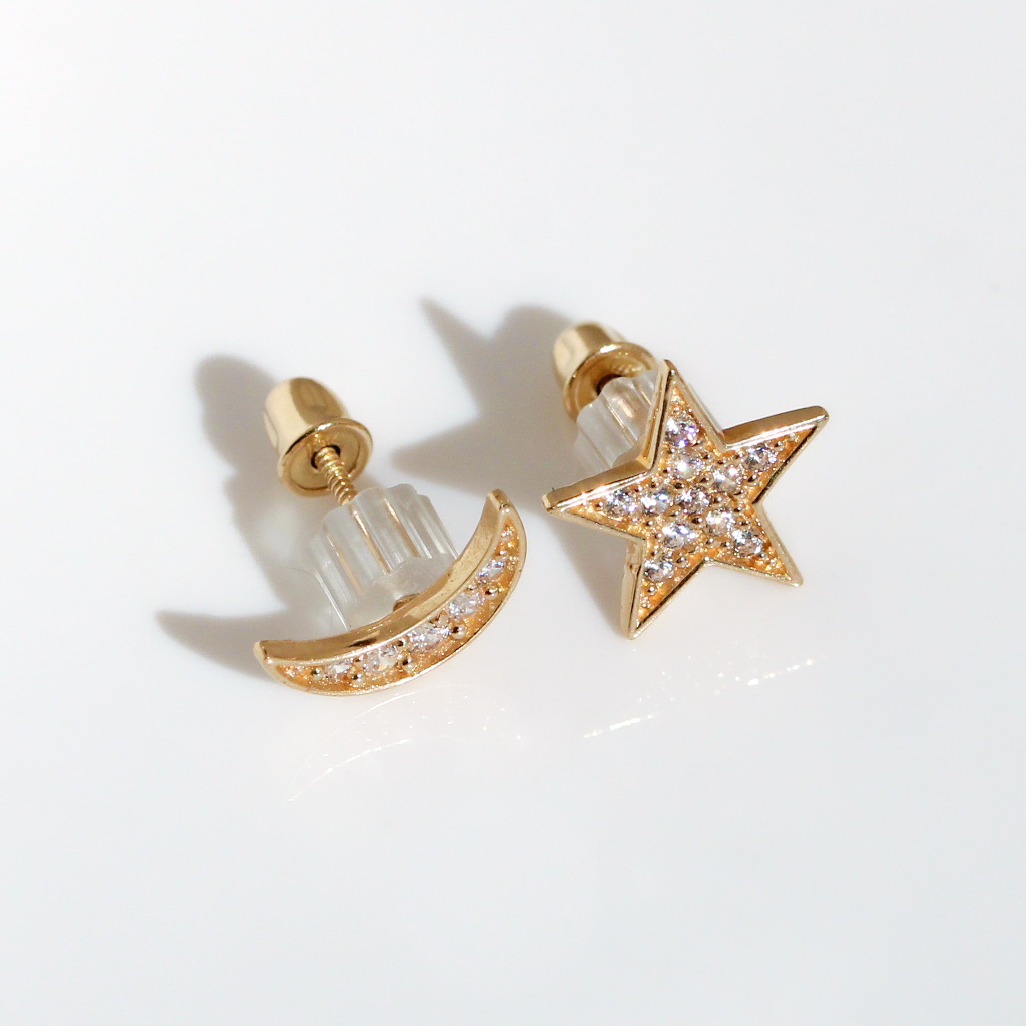 14K Solid Gold CZ Star and Moon Mismatched Studs