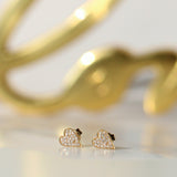 14K Solid Yellow Gold Pave Diamonds V Heart Earrings