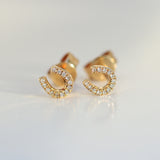 14K Solid Yellow Gold Pave Diamond Horseshoe Stud Earrings