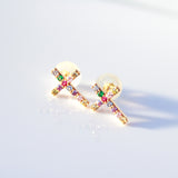 14K Solid Gold Micro CZ Rainbow Cross Stud Earrings