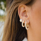 14K Solid Yellow Gold Pearls Open Hoops Earrings