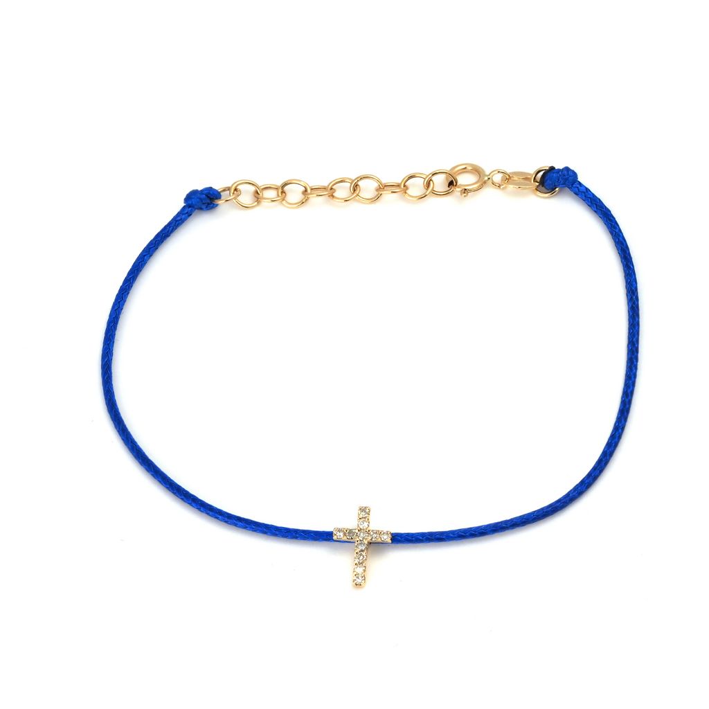 14K Solid Yellow Gold Pave Diamond  Cross Leather Cord Bracelet