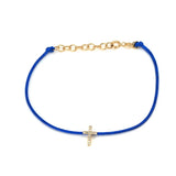 14K Solid Yellow Gold Pave Diamond  Cross Leather Cord Bracelet