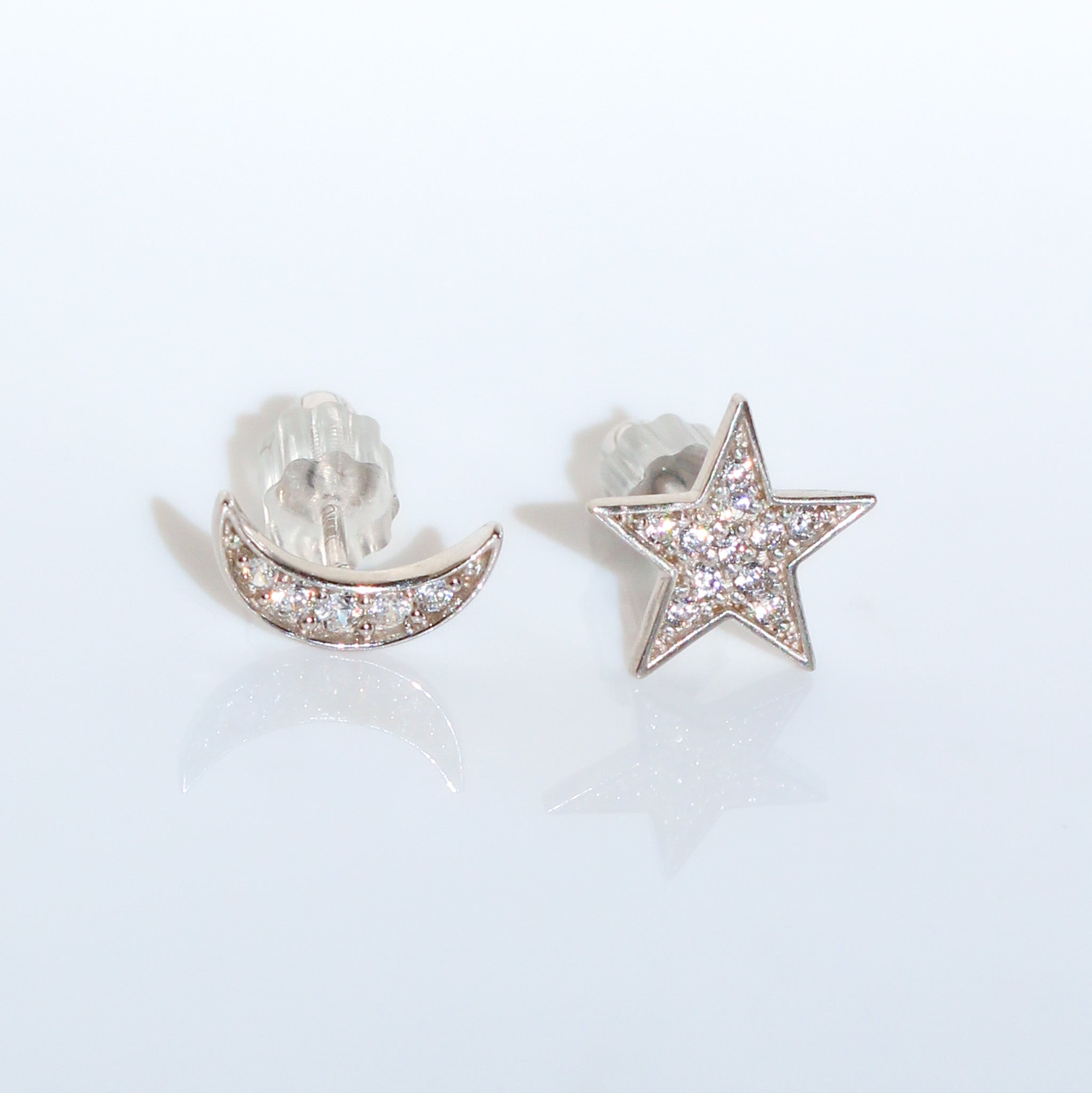 14K Solid Gold CZ Star and Moon Mismatched Studs